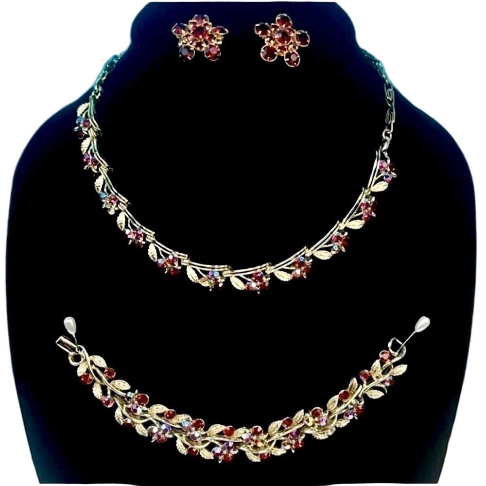 Vintage LISNER Swarovski Ruby Red Crystal Demi Parure Necklace Bracelet Brooch
